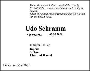 Traueranzeige von Udo Schramm von WVW Anzeigenblätter