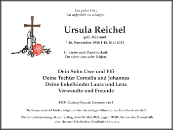 Traueranzeige von Ursula Reichel von WVW Anzeigenblätter