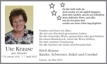 Traueranzeige von Ute Krause von WVW Anzeigenblätter