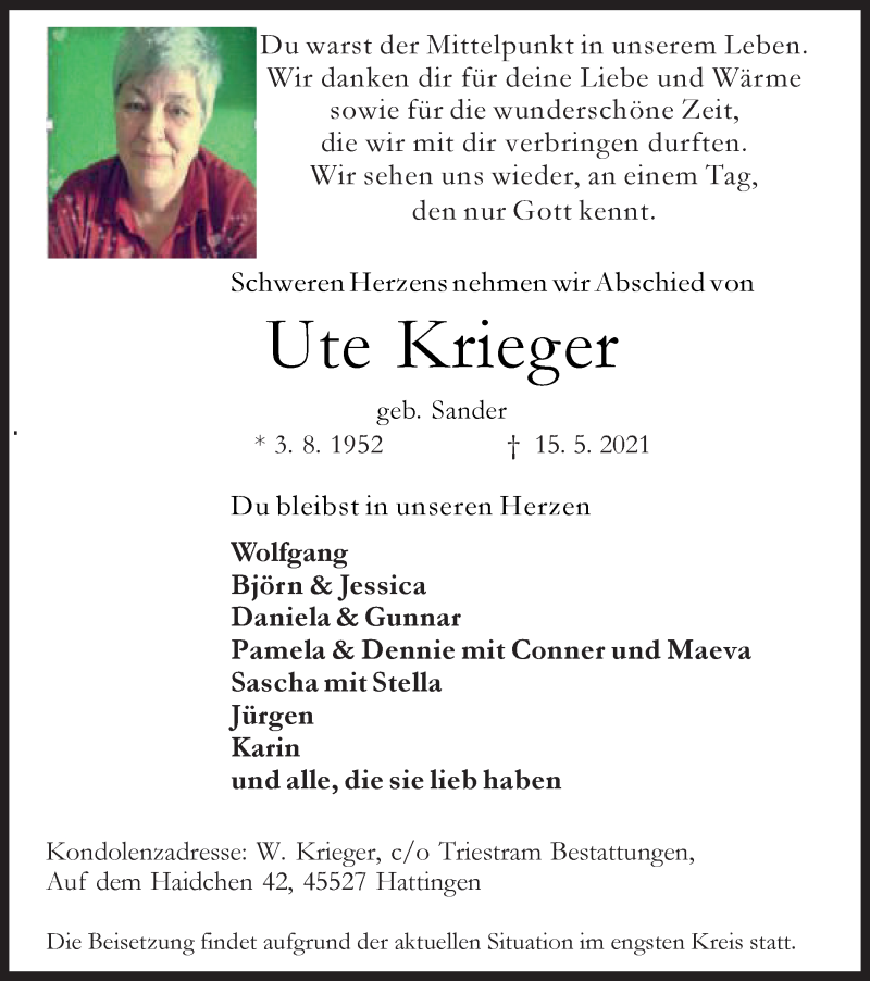  Traueranzeige für Ute Krieger vom 22.05.2021 aus WVW Anzeigenblätter