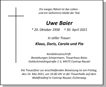 Traueranzeige von Uwe Baier von WVW Anzeigenblätter