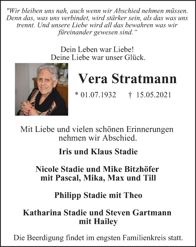  Traueranzeige für Vera Stratmann vom 22.05.2021 aus WVW Anzeigenblätter