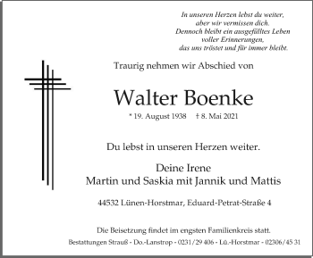 Traueranzeige von Walter Boenke von WVW Anzeigenblätter