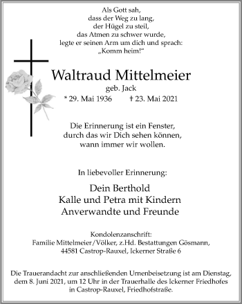 Traueranzeige von Waltraud Mittelmeier von WVW Anzeigenblätter