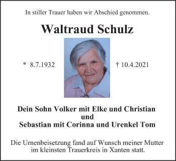 Traueranzeige von Waltraud Schulz von WVW Anzeigenblätter