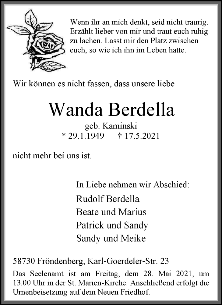  Traueranzeige für Wanda Berdella vom 22.05.2021 aus WVW Anzeigenblätter