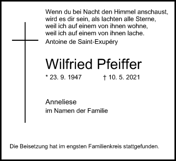 Traueranzeige von Wilfried Pfeiffer von WVW Anzeigenblätter