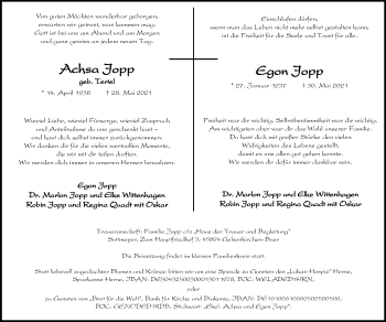 Traueranzeige von Achsa und Egon Jopp von WVW Anzeigenblätter