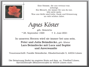 Traueranzeige von Agnes Köster von WVW Anzeigenblätter