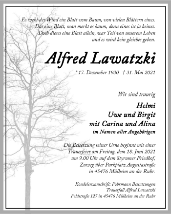 Traueranzeige von Alfred Lawatzki von WVW Anzeigenblätter