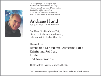 Traueranzeige von Andreas Hundt von WVW Anzeigenblätter