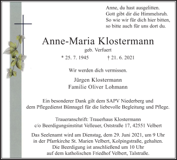 Traueranzeige von Anne-Maria Klostermann von WVW Anzeigenblätter