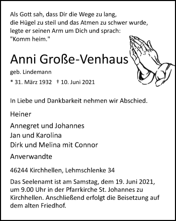 Traueranzeige von Anni Große-Venhaus von WVW Anzeigenblätter