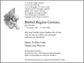 Traueranzeige von Bärbel Regina Gronau von WVW Anzeigenblätter