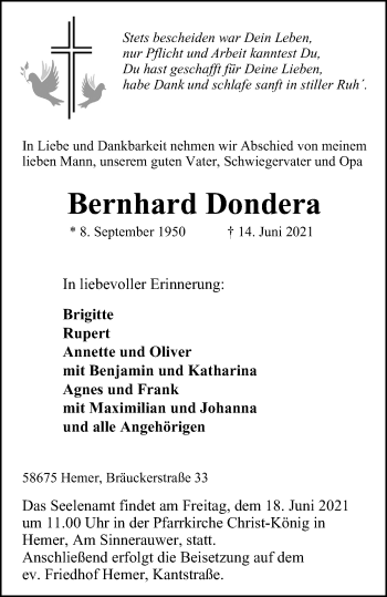 Traueranzeige von Bernhard Dondera von WVW Anzeigenblätter