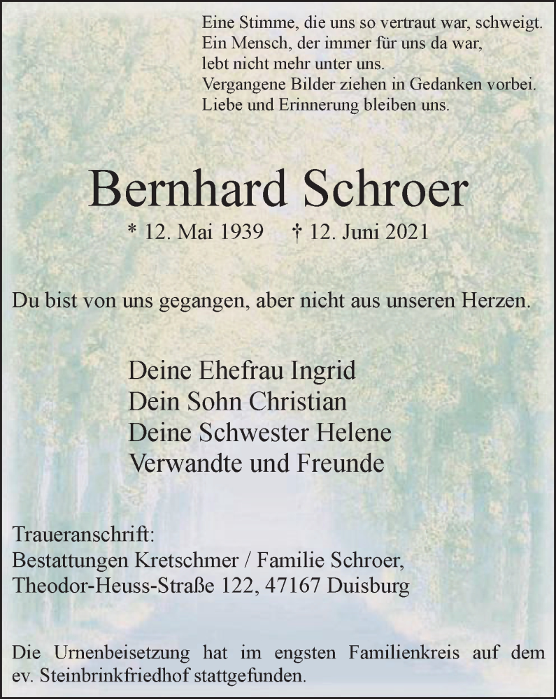  Traueranzeige für Bernhard Schroer vom 26.06.2021 aus WVW Anzeigenblätter