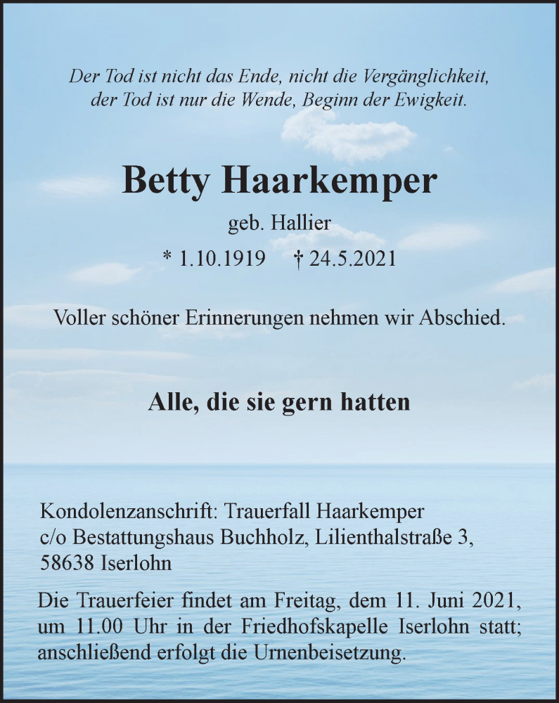  Traueranzeige für Betty Haarkemper vom 05.06.2021 aus WVW Anzeigenblätter