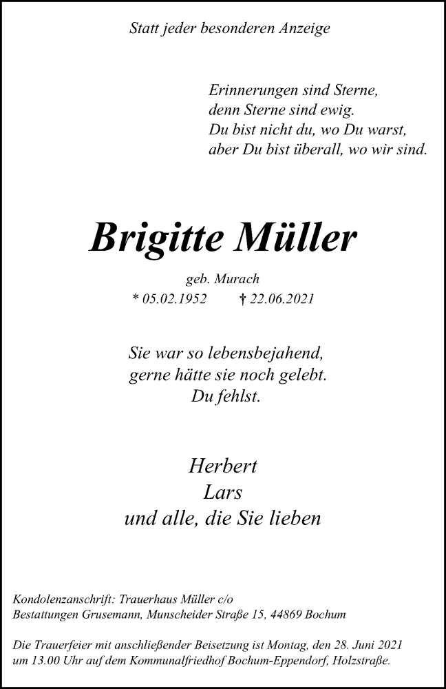  Traueranzeige für Brigitte Müller vom 26.06.2021 aus WVW Anzeigenblätter