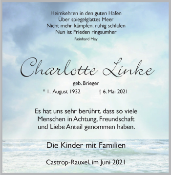 Traueranzeige von Charlotte Linke von WVW Anzeigenblätter