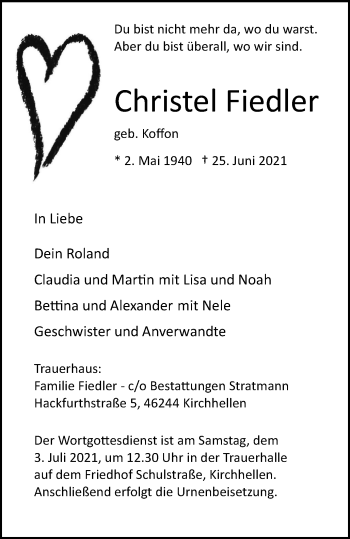 Traueranzeige von Christel Fiedler von WVW Anzeigenblätter