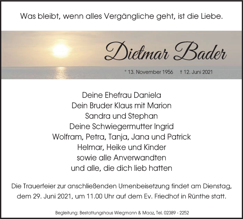  Traueranzeige für Dietmar BAder vom 23.06.2021 aus WVW Anzeigenblätter