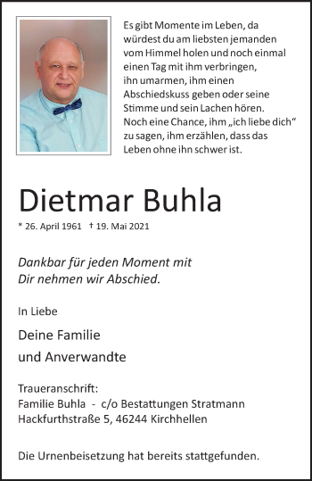 Traueranzeige von Dietmar Buhla von WVW Anzeigenblätter