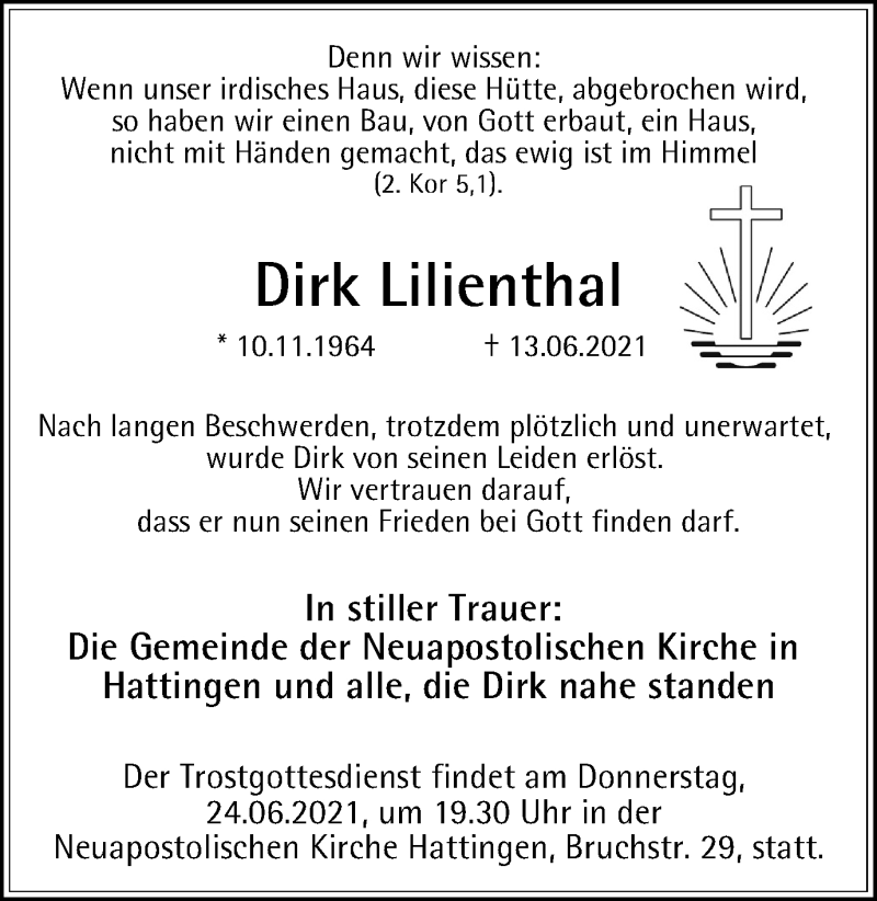  Traueranzeige für Dirk Lilienthal vom 19.06.2021 aus WVW Anzeigenblätter