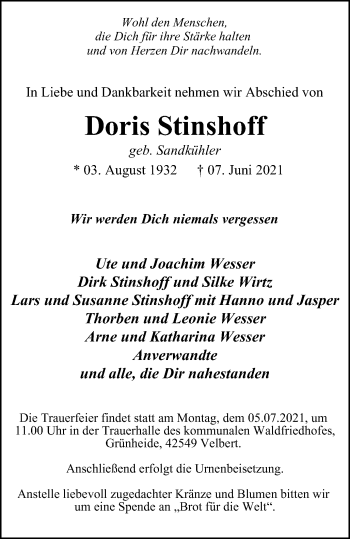 Traueranzeige von Doris Stinshoff von WVW Anzeigenblätter