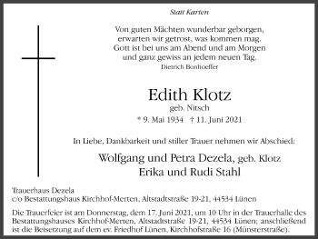 Traueranzeige von Edith Klotz von WVW Anzeigenblätter