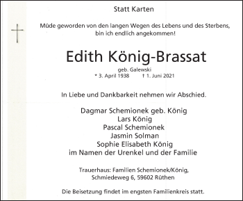Traueranzeige von Edith König-Brassat von WVW Anzeigenblätter