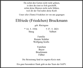 Traueranzeige von Elfriede Bruckmann von WVW Anzeigenblätter