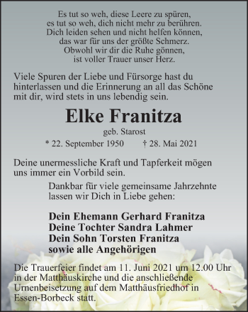 Traueranzeige von Elke Franitza von WVW Anzeigenblätter