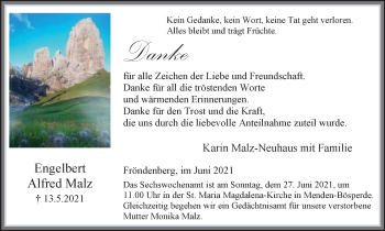 Traueranzeige von Engelbert Alfred Malz von WVW Anzeigenblätter