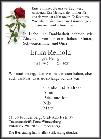 Traueranzeige von Erika Reinold von WVW Anzeigenblätter