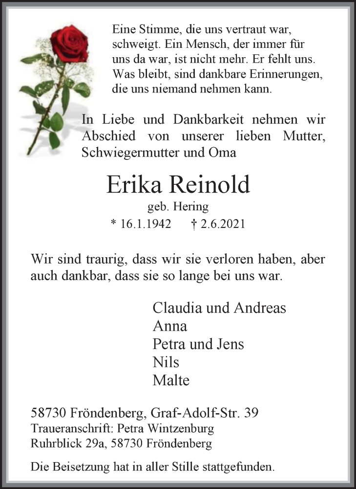  Traueranzeige für Erika Reinold vom 12.06.2021 aus WVW Anzeigenblätter