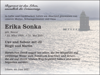 Traueranzeige von Erika Sonka von WVW Anzeigenblätter