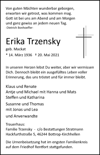 Traueranzeige von Erika Trzensky von WVW Anzeigenblätter