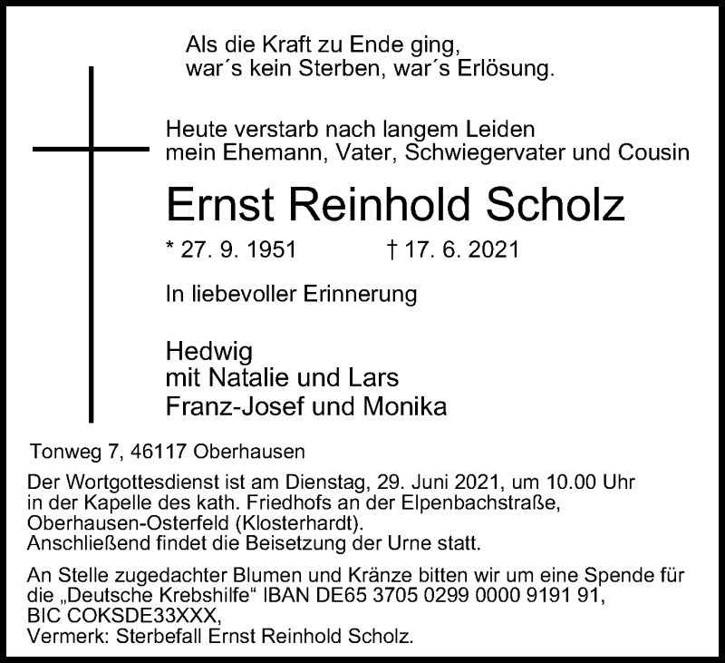  Traueranzeige für Ernst Reinhold Scholz vom 26.06.2021 aus WVW Anzeigenblätter