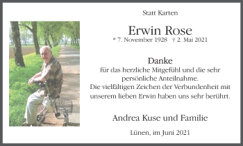 Traueranzeige von Erwin Rose von WVW Anzeigenblätter