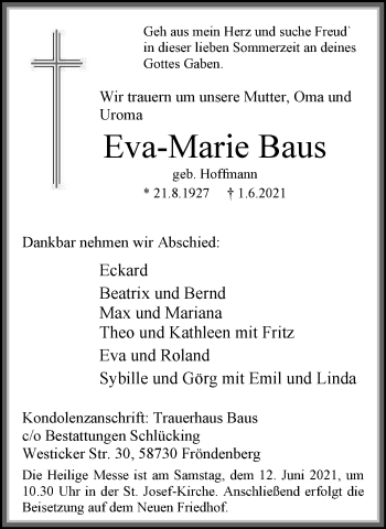 Traueranzeige von Eva-Marie Baus von WVW Anzeigenblätter