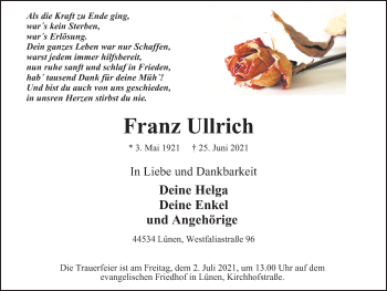 Traueranzeige von Franz Ullrich von WVW Anzeigenblätter