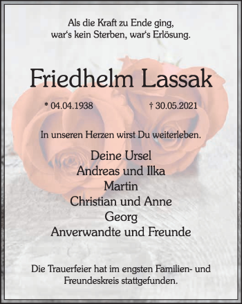 Traueranzeige von Friedhelm Lassak von WVW Anzeigenblätter