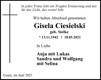 Traueranzeige von Gisela Ciesielski von WVW Anzeigenblätter