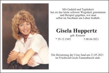 Traueranzeige von Gisela Huppertz von WVW Anzeigenblätter