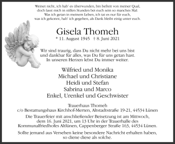 Traueranzeige von Gisela Thomeh von WVW Anzeigenblätter