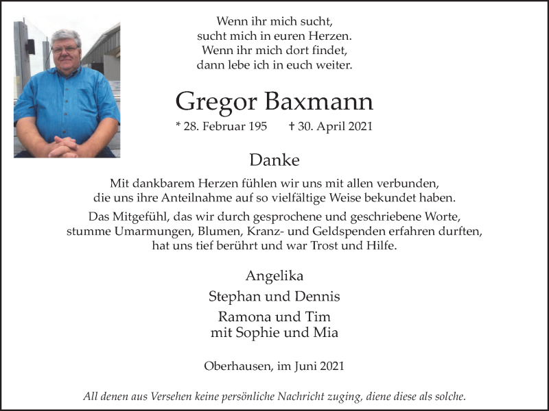  Traueranzeige für Gregor Baxmann vom 12.06.2021 aus WVW Anzeigenblätter