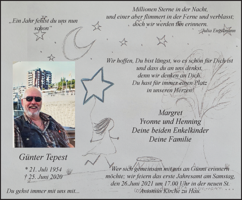  Traueranzeige für Günter Tepest vom 19.06.2021 aus WVW Anzeigenblätter