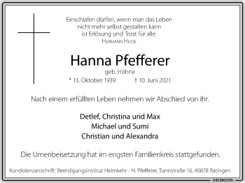 Traueranzeige von Hanna Pfefferer von WVW Anzeigenblätter