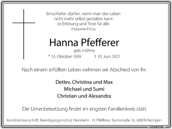 Traueranzeige von Hanna Pfefferer von WVW Anzeigenblätter