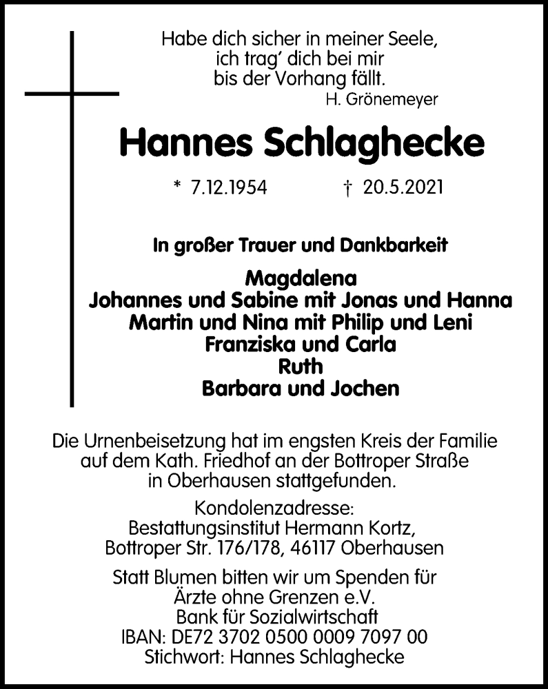  Traueranzeige für Hannes Schlaghecke vom 05.06.2021 aus WVW Anzeigenblätter